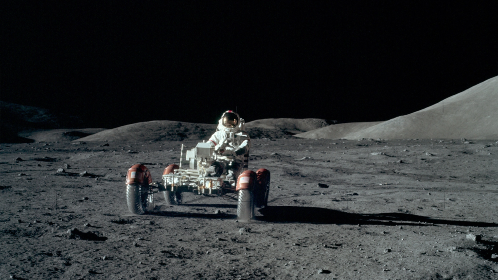 An astronaut on a lunar rover during the Apollo 17 mission in December 1972