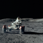 An astronaut on a lunar rover during the Apollo 17 mission in December 1972