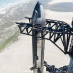 A 120-meter SpaceX Starship rocket at the spaceport a day before launch. SpaceX