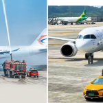 the first Chinese aircraft COMAC C919 pass through the “water gate” aircraft COMAC C919