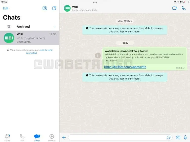 WhatsApp application for iPad