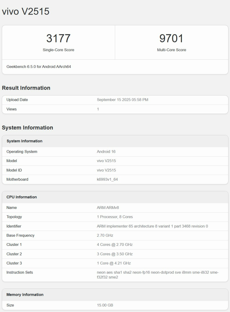 Vivo X300 Geekbench
